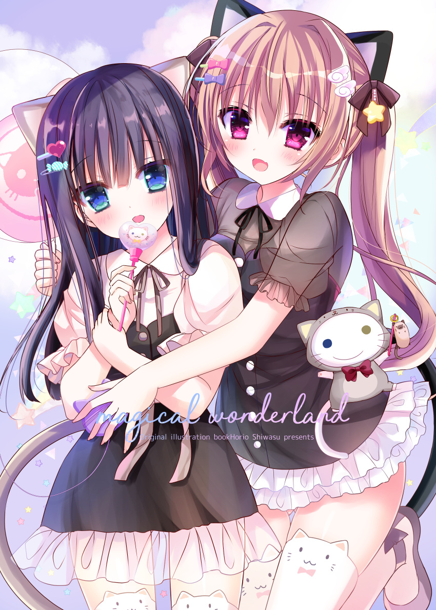 2girls :d absurdres animal_ears black_dress black_hair blue_eyes bow brown_bow brown_hair cat_ears cat_girl cat_tail collared_shirt commentary_request cover cover_page dress fang frilled_dress frills hair_bow highres hug hug_from_behind multiple_girls open_mouth original puffy_short_sleeves puffy_sleeves see-through see-through_sleeves shirt shiwasu_horio short_sleeves smile star_(symbol) tail twintails violet_eyes white_shirt