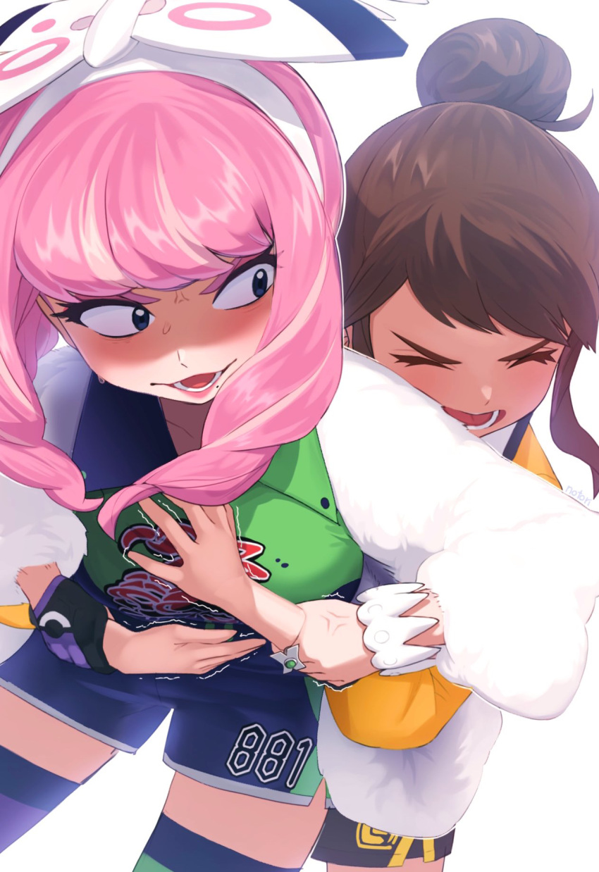 2girls anger_vein blue_eyes bracelet brown_hair collared_shirt dynamax_band eyeshadow fur_jacket gloria_(pokemon) gloves hair_bun highres jacket jewelry klara_(pokemon) makeup mole mole_under_mouth multiple_girls notori_d partially_fingerless_gloves pink_eyeshadow pink_hair pink_lips pokemon pokemon_(game) pokemon_swsh ring shirt short_hair shorts single_glove sweat thigh-highs trembling white_background white_jacket