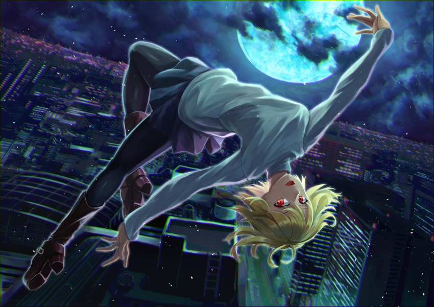 1girl :d absurdres antenna_hair arcueid_brunestud backlighting bangs belt_boots black_legwear blonde_hair blue_skirt boots breasts brown_footwear chromatic_aberration city dutch_angle floating highres huge_moon light_particles looking_at_viewer miniskirt moon moonlight night open_mouth outdoors outstretched_arms pantyhose pleated_skirt red_eyes short_hair skirt slit_pupils smile solo spread_arms sweater takamiko_02 tsukihime tsukihime_(remake) turtleneck turtleneck_sweater upside-down white_sweater
