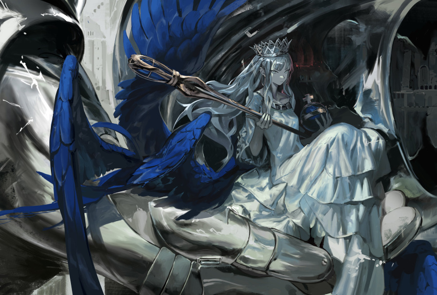 1girl 1other absurdres armor bangs breasts closed_mouth collarbone commentary crown dress giant gloves grey_eyes grey_hair hands_up highres holding holding_staff knees_up long_dress long_hair looking_at_viewer naji_yanagida original out_of_frame sitting sitting_on_hand small_breasts solo_focus staff white_dress wide_sleeves wings