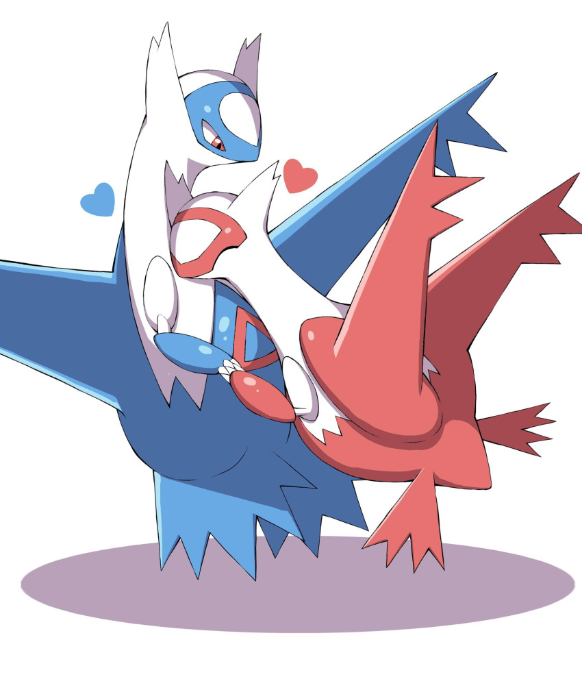 claws closed_eyes commentary floating heart highres holding_hands latias latios looking_down no_humans pokemon pokemon_(creature) red_eyes shabana_may white_background