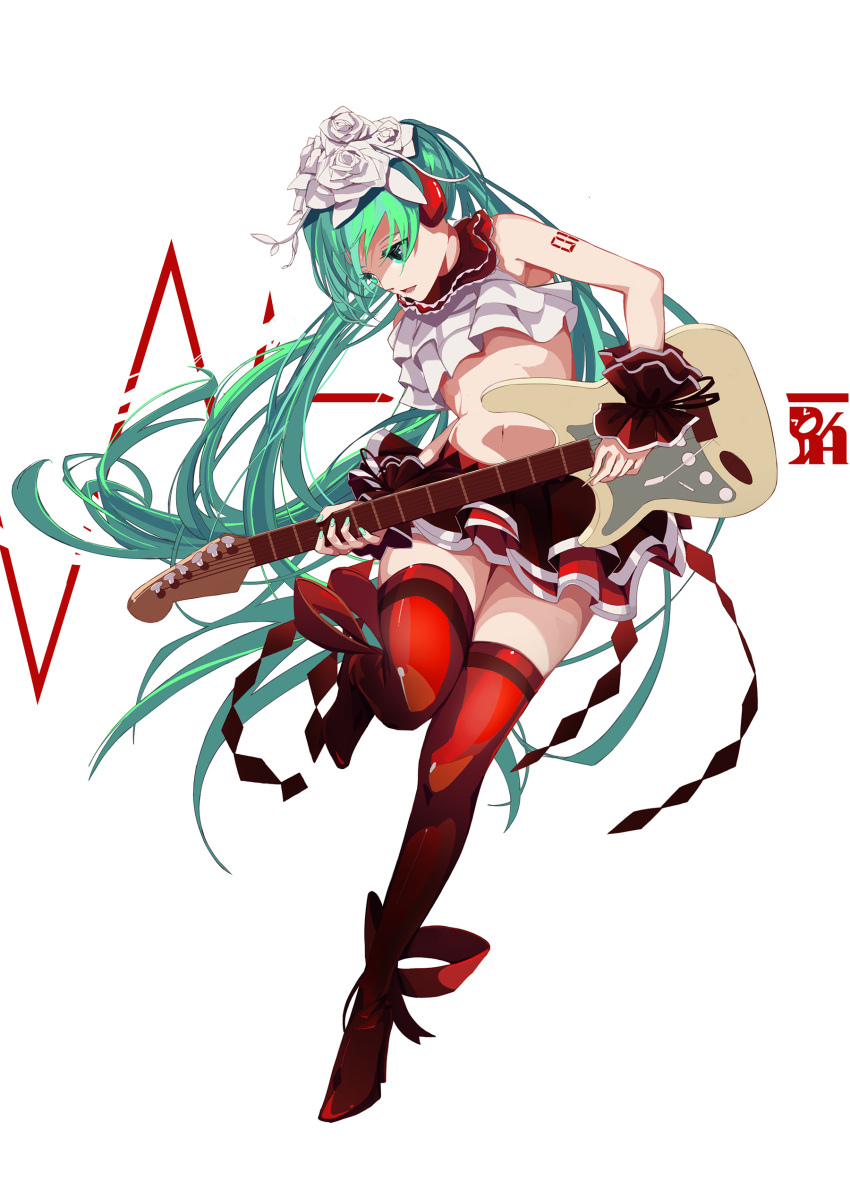 1girl absurdres alternate_costume ankle_ribbon aqua_nails argyle artist_name bare_arms belt bless_you_(module) boots cardiogram colored_eyelashes crop_top electric_guitar eyelashes fingernails flat_chest floating_hair flower foot_up full_body green_eyelashes green_eyes green_hair guitar hair_flower hair_ornament half-closed_eyes hatsune_miku highres holding holding_instrument holding_plectrum instrument knees_together_feet_apart layered_skirt leaning_to_the_side long_hair looking_away lower_teeth miniskirt music navel nisoku_hokou_(vocaloid) number_tattoo parted_lips playing_instrument plectrum project_diva_(series) r/h red_belt red_footwear red_ribbon red_skirt ribbon ribbon_legwear rose shade shoulder_tattoo skirt solo stomach tattoo teeth thick_thighs thigh-highs thigh_boots thighs twintails very_long_hair vocaloid white_flower white_rose wrist_cuffs zettai_ryouiki