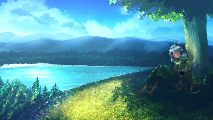 1girl aqua_hair barefoot blouse blue_sky clouds collar collared_shirt day forest frilled_shirt_collar frilled_sleeves frills grass green_collar green_eyes green_skirt hat hat_removed headwear_removed highres hill komeiji_koishi lake landscape leaf long_sleeves mountain nature outdoors shade shirt simple_background skirt sky sleeping solo third_eye touhou tree white_background wide_sleeves yellow_blouse yellow_shirt yulianess