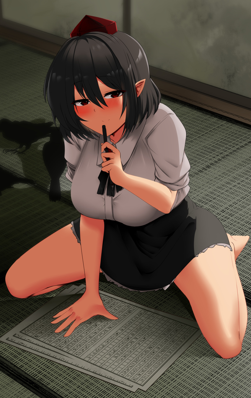 1girl absurdres arm_support bangs barefoot bird black_hair black_neckwear black_ribbon black_skirt blush breasts closed_mouth commentary_request crow eyebrows_visible_through_hair from_above hair_between_eyes half-closed_eyes hand_up hat highres holding holding_pen indoors large_breasts looking_at_viewer mizuga pen pen_to_mouth petticoat pointy_ears puffy_short_sleeves puffy_sleeves red_eyes red_headwear ribbon shadow shameimaru_aya shirt short_hair short_sleeves sitting skirt smile solo tatami tokin_hat touhou wall wariza white_shirt wing_collar