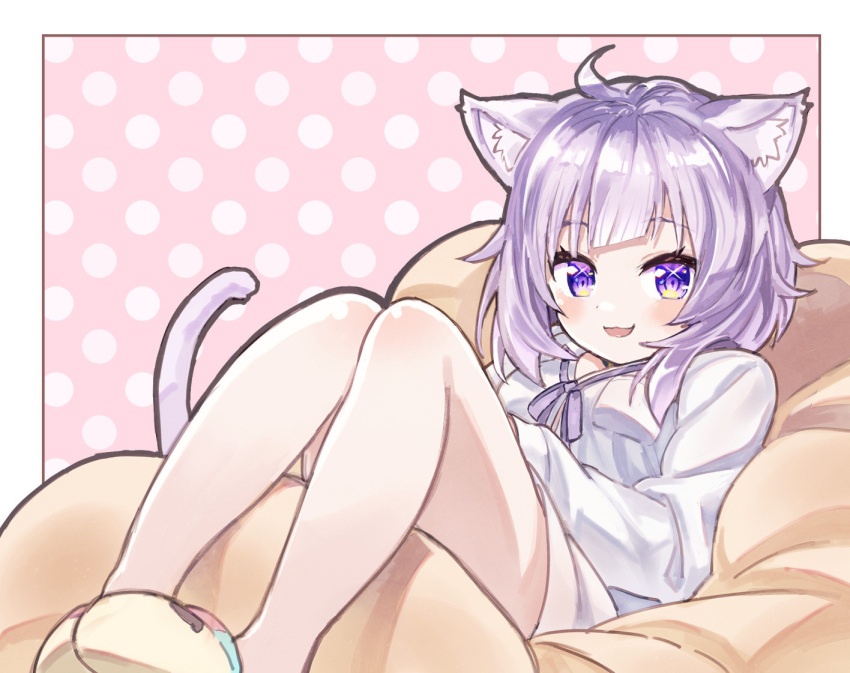 1girl ahoge animal_ear_fluff animal_ears bangs border bow bowtie breast_pocket cat_ears cat_girl cat_tail couch eyebrows_visible_through_hair full_body hololive knees_up long_sleeves looking_at_viewer medium_hair nekomata_okayu open_mouth outside_border pocket purple_hair sakino_shingetsu sidelocks smile solo tail thighs violet_eyes virtual_youtuber