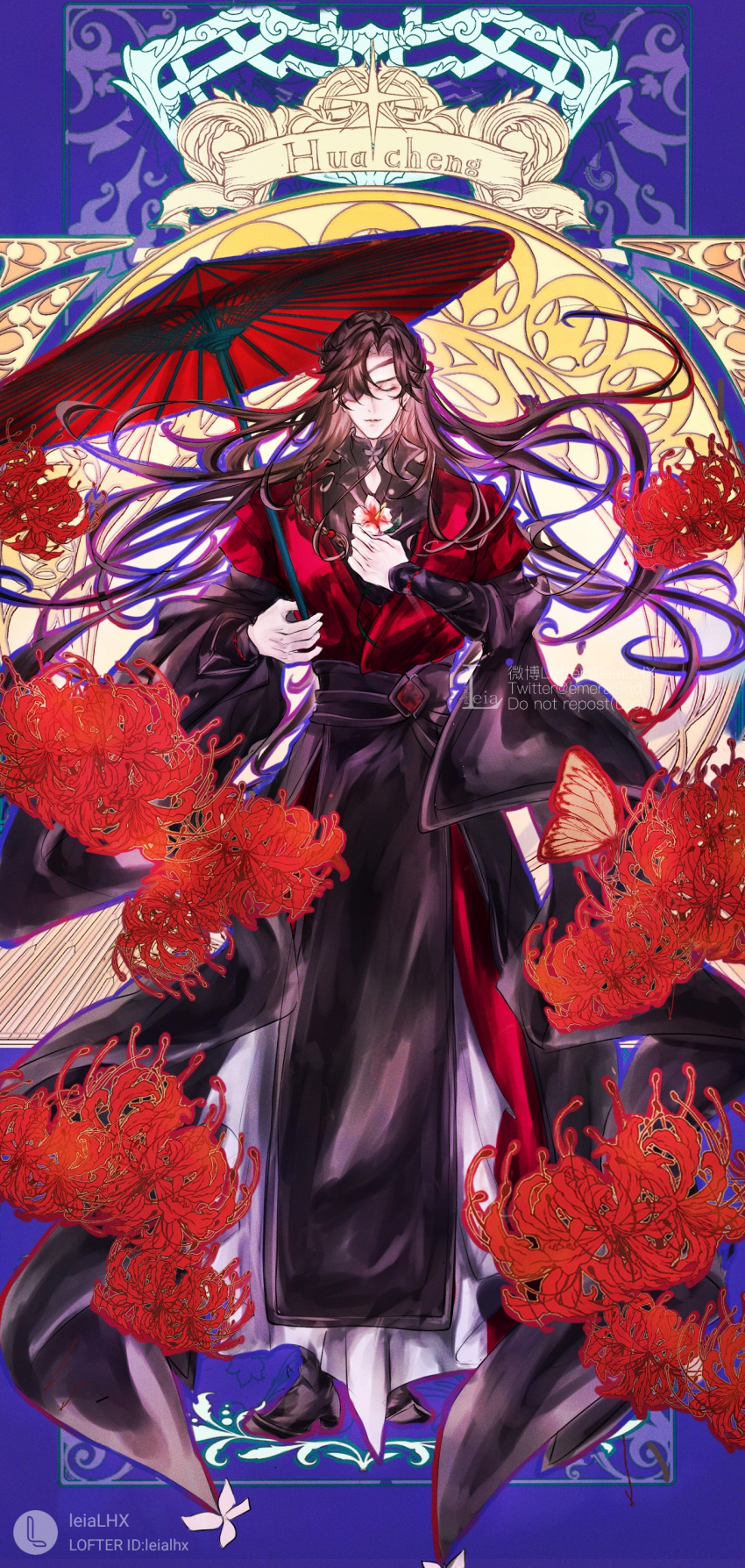 1boy absurdres bug butterfly chinese_clothes floating_hair flower highres holding holding_umbrella hua_cheng long_hair patch red_butterfly solo spider_lily tian_guan_ci_fu umbrella