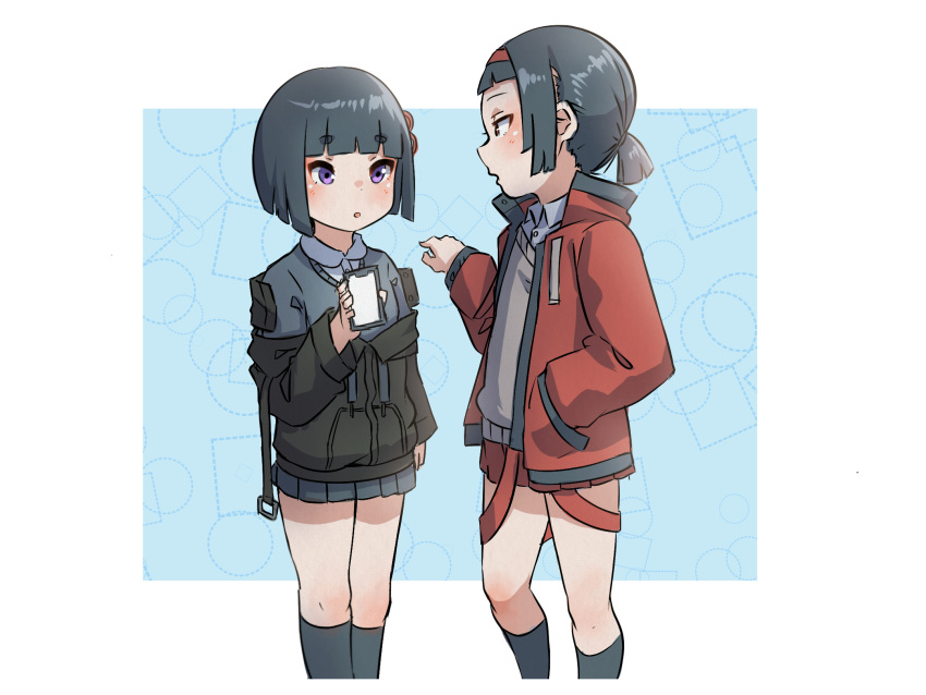 2girls :o black_hair black_jacket black_legwear black_skirt bob_cut cellphone collared_shirt commentary_request dress_shirt grey_sweater hairband hand_in_pocket highres holding holding_phone jacket kneehighs kuro_kosyou long_sleeves low_ponytail multiple_girls off_shoulder open_clothes open_jacket original parted_lips phone pleated_skirt pointing ponytail red_hairband red_jacket red_skirt shirt short_eyebrows short_hair skirt sweater thick_eyebrows violet_eyes white_shirt