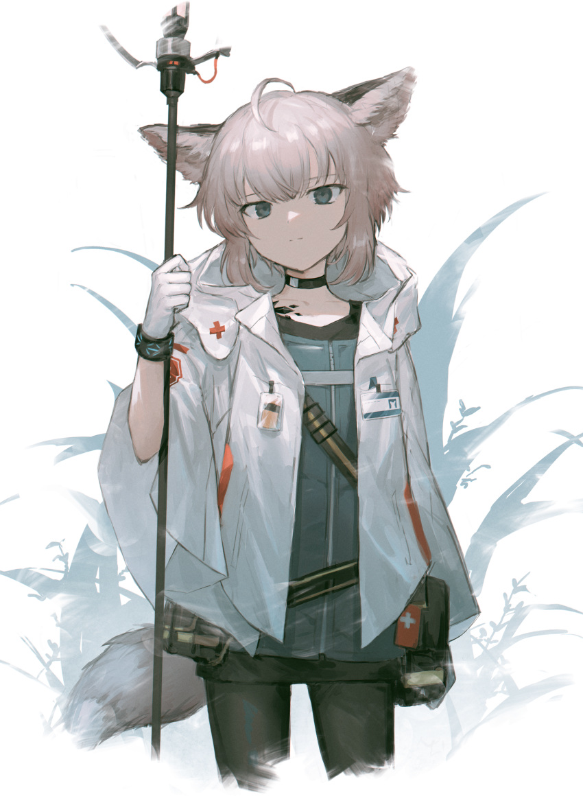 1girl absurdres ahoge animal_ears arknights black_bag black_choker black_legwear black_skirt blue_eyes blue_shirt brown_hair choker commentary cowboy_shot cropped_legs fox_ears fox_girl fox_tail gloves highres hn_kn holding holding_staff jacket leaf leaf_background looking_at_viewer open_clothes open_jacket pantyhose pouch shirt short_hair skirt solo staff straight-on sussurro_(arknights) tail white_background white_gloves white_jacket