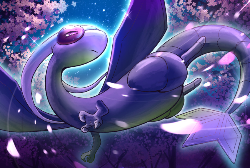 claws closed_mouth commentary_request flygon flying from_below frown highres looking_down night no_humans outdoors petals pokemon pokemon_(creature) sky solo star_(sky) tree yamaori6