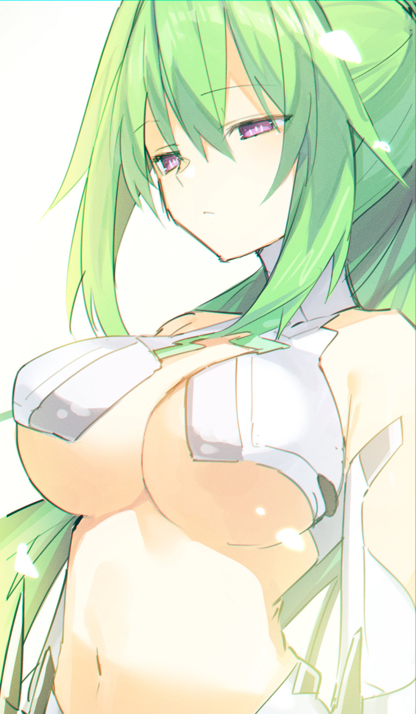 1girl absurdres bare_shoulders breasts buran_buta closed_mouth commentary_request expressionless eyebrows_visible_through_hair green_hair green_heart hair_between_eyes highres large_breasts long_hair looking_ahead navel neptune_(series) ponytail power_symbol solo symbol-shaped_pupils upper_body very_long_hair violet_eyes