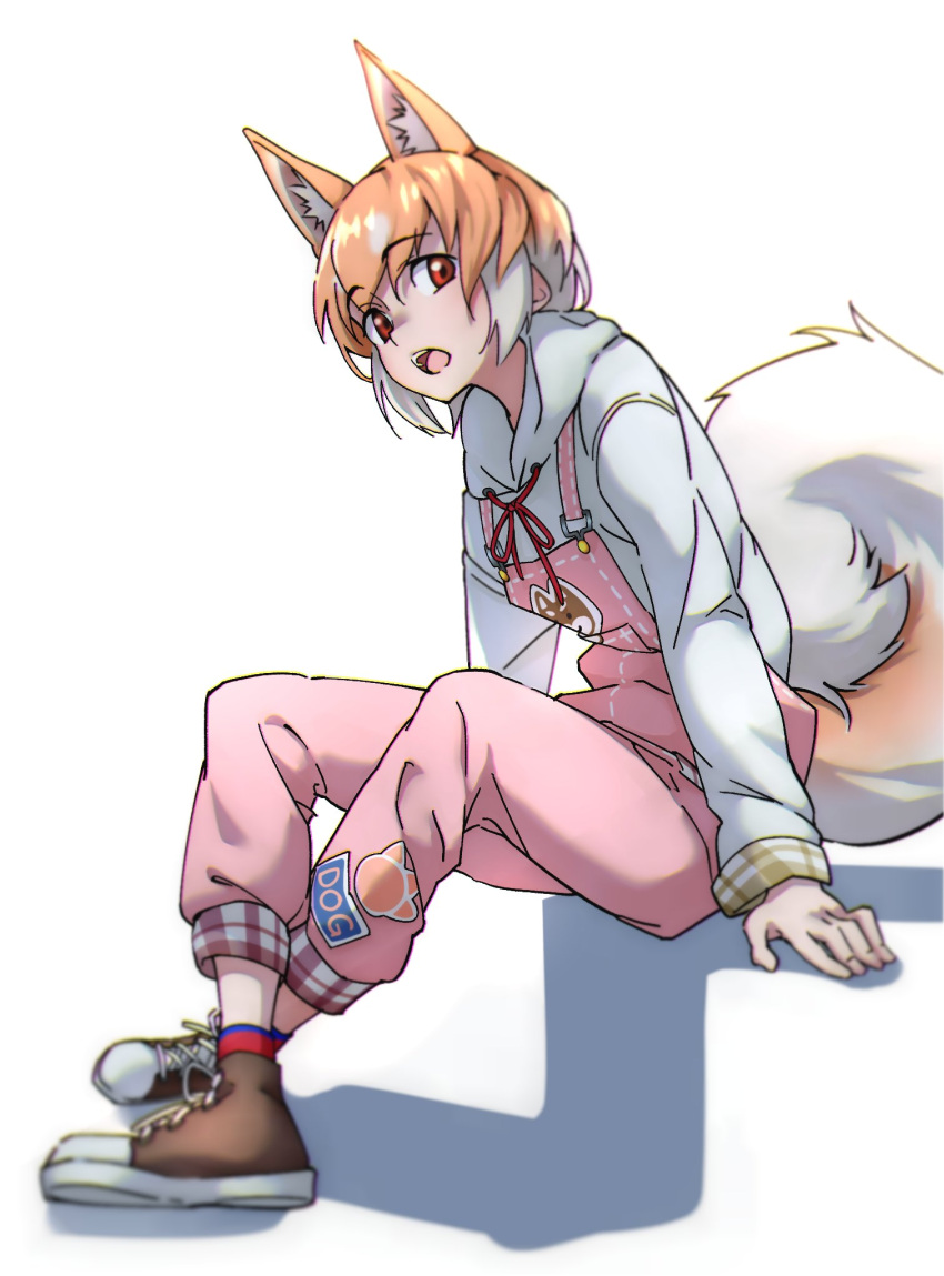 1girl :o alternate_costume animal_ear_fluff animal_ears brown_eyes commentary crossed_ankles dog_(kemono_friends) dog_ears dog_girl dog_tail drawstring extra_ears eyebrows_visible_through_hair full_body highres hood hood_down hoodie kemono_friends long_sleeves looking_at_viewer multicolored_hair open_mouth orange_hair overalls pink_overalls short_hair simple_background sitting solo tail tanabe_(fueisei) two-tone_hair white_background white_hair white_hoodie