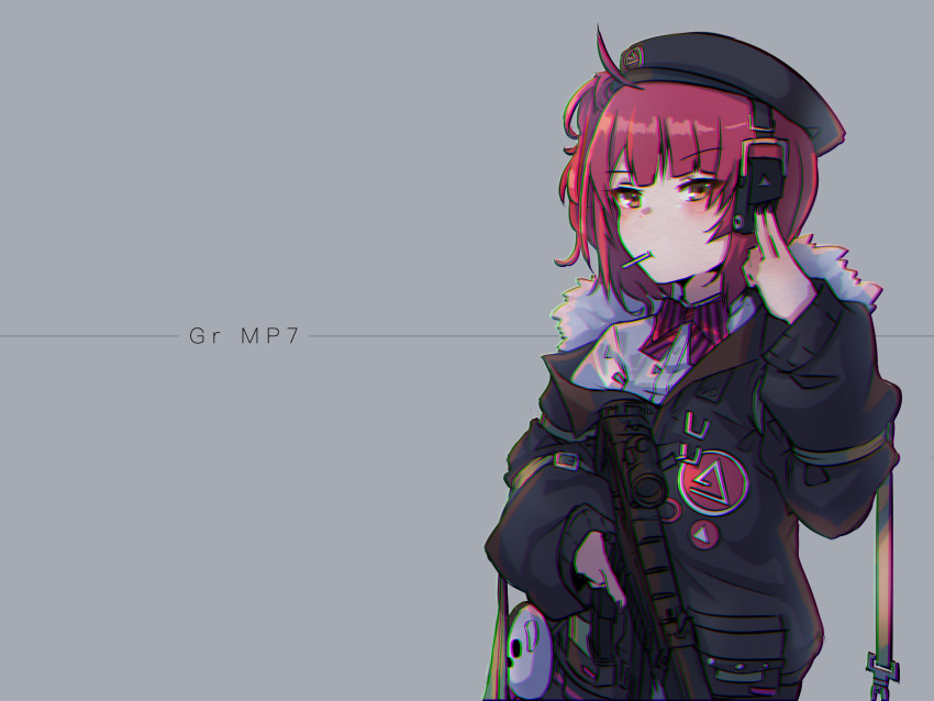 1girl bangs beret black_headwear black_jacket black_skirt blush brown_eyes candy character_name chromatic_aberration closed_mouth collared_shirt commentary_request diagonal-striped_bow dress_shirt ear_protection eyebrows_visible_through_hair food food_in_mouth fur-trimmed_jacket fur_trim girls_frontline grey_background gun h&amp;k_mp7 hat highres holding holding_gun holding_weapon jacket kuro_kosyou lollipop long_sleeves mouth_hold mp7_(girls'_frontline) object_namesake off_shoulder one_side_up open_clothes open_jacket pleated_skirt puffy_long_sleeves puffy_sleeves redhead shirt skirt sleeves_past_wrists solo submachine_gun upper_body weapon white_shirt