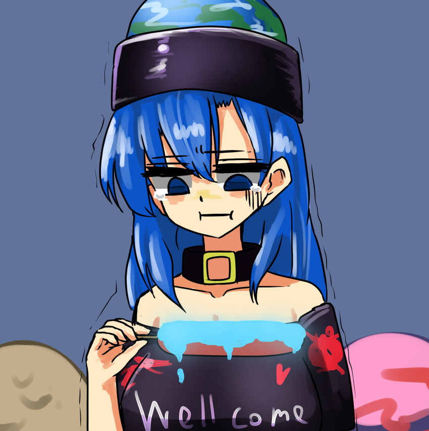 1girl black_shirt blue_background blue_eyes blue_hair breasts clothes_writing collarbone crying crying_with_eyes_open earth_(ornament) food hecatia_lapislazuli_(earth) highres ise_corridor medium_breasts medium_hair off-shoulder_shirt off_shoulder polos_crown sausage shirt simple_background t-shirt tears touhou