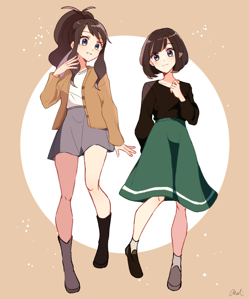 2girls antenna_hair bangs blush boots brown_cardigan brown_footwear brown_hair buttons cardigan closed_mouth eyelashes green_skirt grey_eyes grey_legwear grey_skirt hand_up highres hilda_(pokemon) long_hair long_sleeves multiple_girls open_cardigan open_clothes parted_lips pokemon pokemon_(game) pokemon_bw pokemon_sm selene_(pokemon) shiny shiny_hair shirt shoes short_hair sidelocks signature skirt smile socks tere_asahi white_shirt