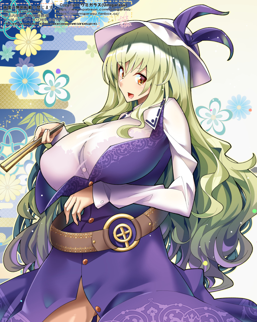 1girl ass_visible_through_thighs bangs belt bow breasts buttons collared_shirt dress green_hair hat hat_bow highres large_breasts long_dress long_hair long_sleeves loose_belt open_clothes open_dress orange_eyes pinafore_dress purple_bow purple_dress red_eyes shirt single_strap solo thick_thighs thighs touhou umigarasu_(kitsune1963) watatsuki_no_toyohime white_headwear white_shirt