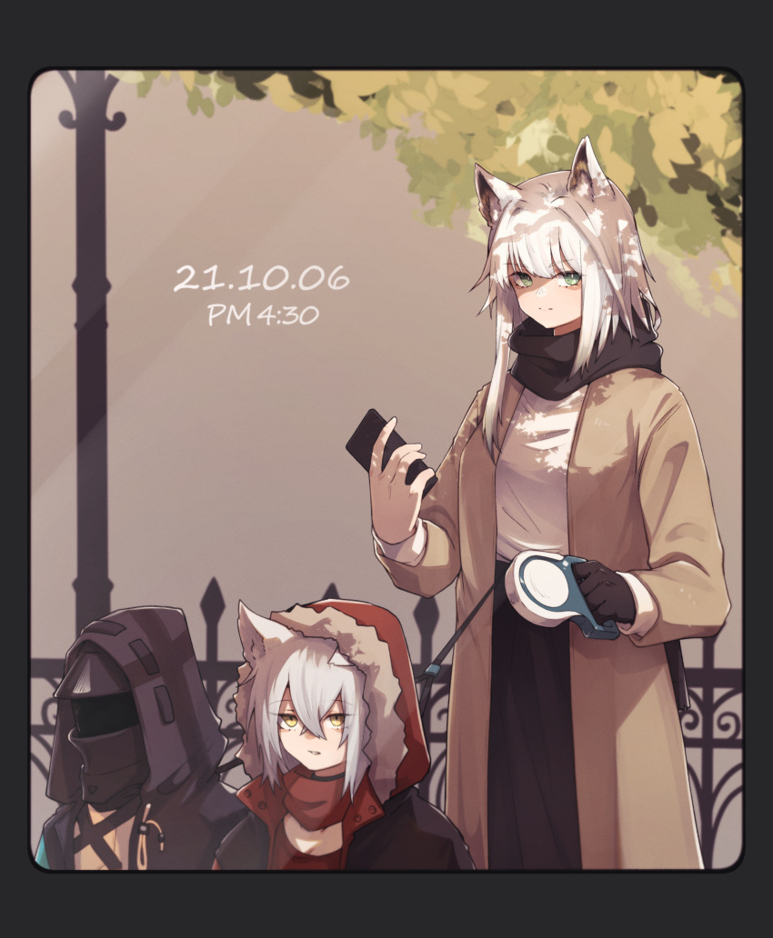1other 2girls absurdres alternate_costume animal_ear_fluff animal_ears arknights black_border black_gloves black_scarf black_skirt border brown_coat casual cat_ears cellphone closed_mouth coat commentary dated doctor_(arknights) fence fur-trimmed_hood fur_trim gloves green_eyes highres holding holding_phone hood hood_up if_f kal'tsit_(arknights) lamppost leash long_hair looking_at_viewer mask multiple_girls open_clothes open_coat outdoors parted_lips phone projekt_red_(arknights) scarf shirt silver_hair single_glove skirt smartphone smile timestamp white_shirt wolf_ears yellow_eyes
