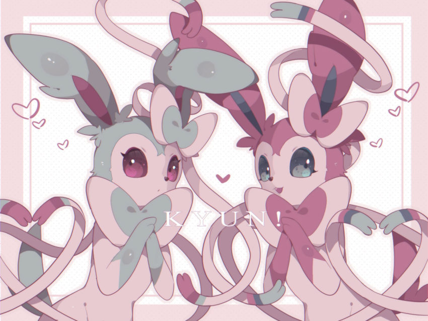 alternate_color alu_drp closed_mouth commentary_request framed heart highres looking_at_viewer no_humans open_mouth pokemon pokemon_(creature) shiny_pokemon smile sylveon tongue violet_eyes
