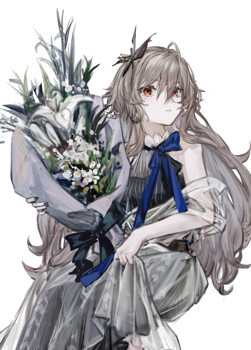 1girl absurdres black_dress bouquet breasts closed_mouth clothes_lift dress dress_lift eyebrows_visible_through_hair flower girls_frontline hair_ornament highres holding holding_bouquet holding_flower long_hair looking_at_viewer mole mole_under_eye nail_polish platinum_blonde_hair qiujiao red_eyes solo sp9_(girls'_frontline) white_background white_dress