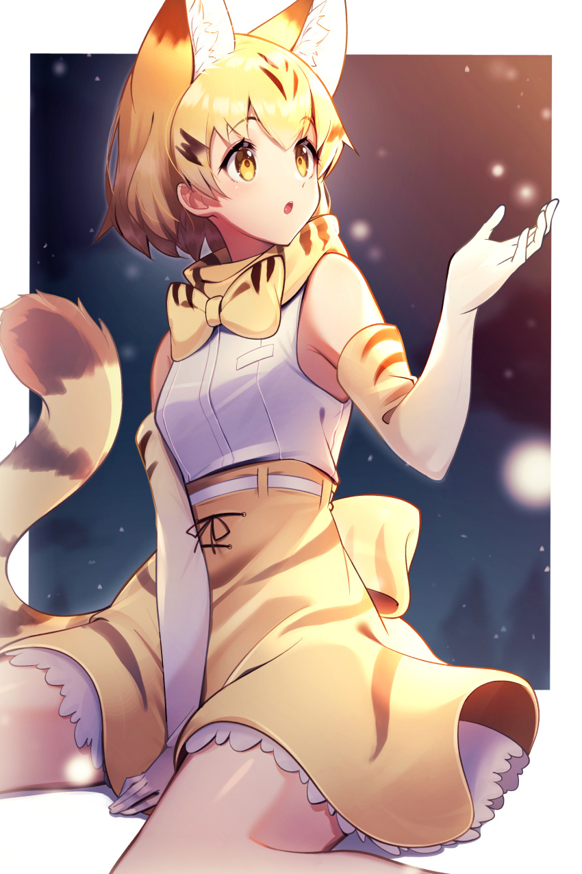 1girl :o animal_ears bangs belt blonde_hair bow bowtie cat_ears cat_tail commentary elbow_gloves gloves high-waist_skirt highres kemono_friends light_particles looking_to_the_side miniskirt open_mouth outside_border sand_cat_(kemono_friends) shirt short_hair skirt sleeveless sleeveless_shirt solo tail takom white_belt white_gloves white_shirt yellow_eyes yellow_neckwear yellow_skirt