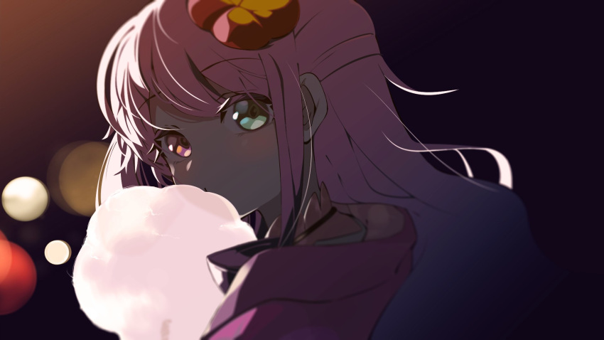 1girl blurry cotton_candy eating from_side green_eyes hair_ornament heterochromia highres himemori_luna hololive jacket looking_at_viewer pink_eyes pink_hair pink_jacket portrait ronin_(zeth_total) solo