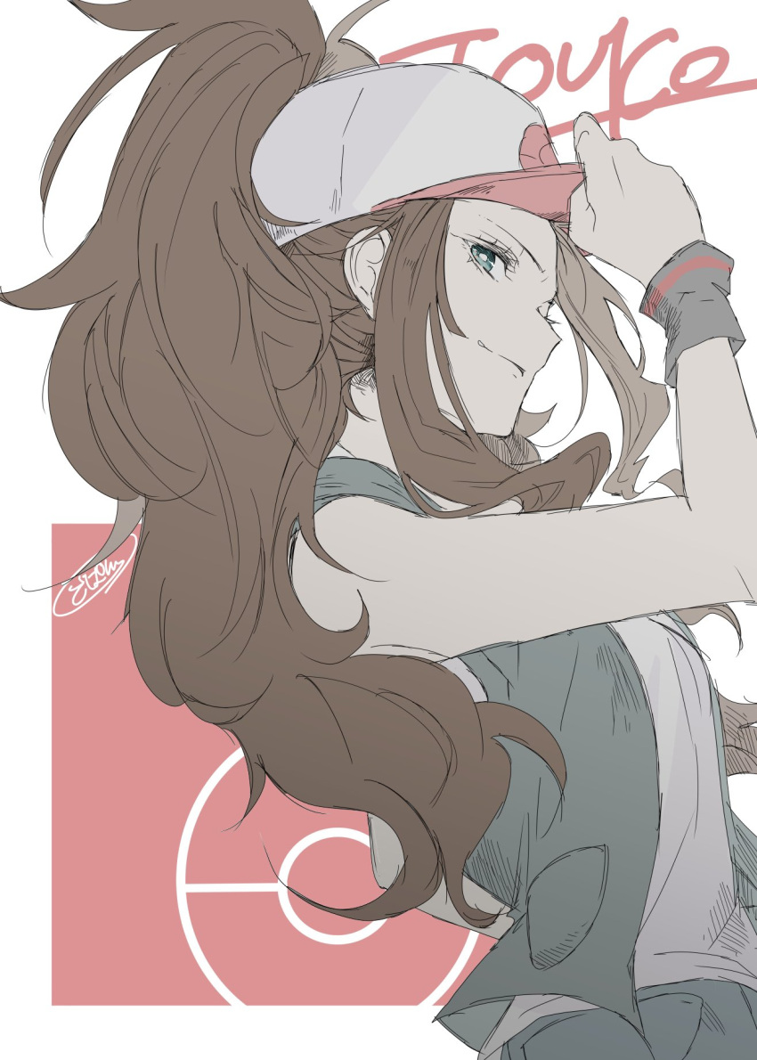 1girl baseball_cap bright_pupils brown_hair character_name closed_mouth commentary_request eyelashes from_side gopan_(pkghnman) grey_vest hand_on_headwear hand_up hat high_ponytail highres hilda_(pokemon) long_hair open_clothes open_vest poke_ball_symbol pokemon pokemon_(game) pokemon_bw shirt sidelocks signature sleeveless sleeveless_shirt smile solo vest wristband
