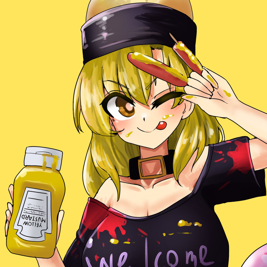 1girl artist_request bangs black_shirt blonde_hair breasts closed_mouth eyebrows_visible_through_hair food food_on_face hair_between_eyes hecatia_lapislazuli_(moon) highres ise_corridor medium_breasts moon_(ornament) mustard off-shoulder_shirt off_shoulder one_eye_closed polos_crown sausage shirt solo t-shirt tongue tongue_out touhou yellow_background yellow_eyes