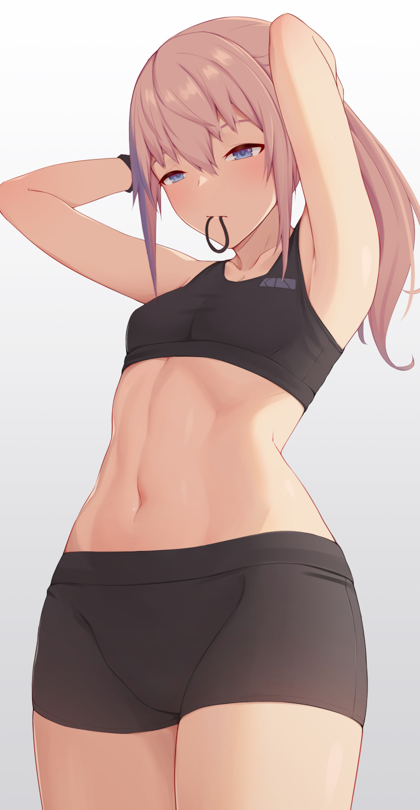 1girl absurdres act_(xadachit) armpits arms_up bike_shorts black_shorts blue_eyes blush breasts cowboy_shot girls_frontline hair_tie highres long_hair looking_down mouth_hold navel pink_hair ponytail shorts simple_background small_breasts solo sports_bra st_ar-15_(girls'_frontline) stomach sweatband tying_hair white_background