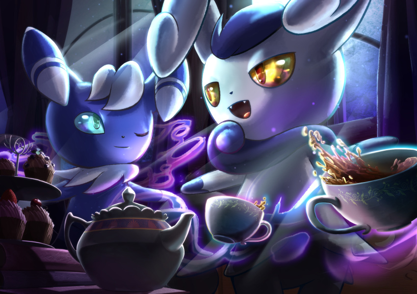 :d blue_sclera closed_mouth colored_sclera commentary_request cup fangs green_eyes highres looking_back meowstic meowstic_(female) meowstic_(male) no_humans one_eye_closed open_mouth pokemon pokemon_(creature) smile tea teacup teapot tongue yamaori6