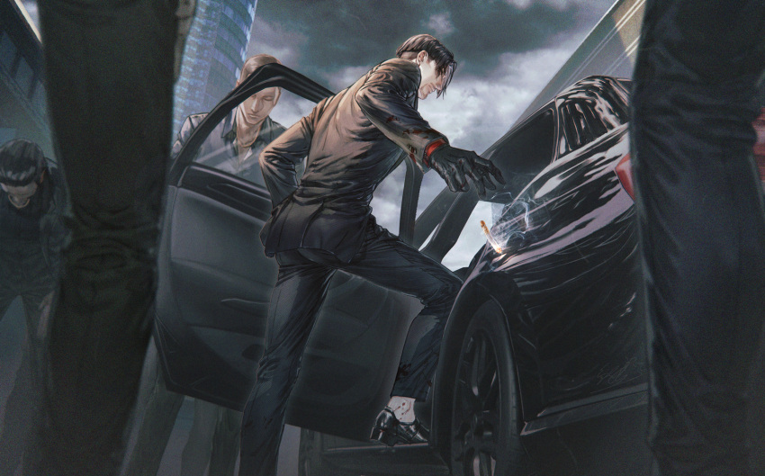 5boys beard black_footwear black_gloves black_jacket car cigarette city cityscape dark_sky evening facial_hair gloves ground_vehicle henchmen highres jacket jiao_mao leather leather_gloves leaving mafia majima_gorou male_focus motor_vehicle multiple_boys opening_door ryuu_ga_gotoku shoes short_hair storm tokyo_(city) yakuza