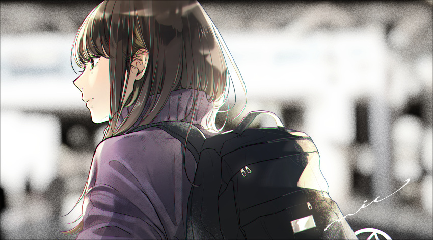 1girl absurdres backpack bag bangs black_bag blurry blurry_background brown_eyes brown_hair chromatic_aberration commentary english_commentary eyebrows_visible_through_hair highres long_hair looking_away maeda_mic original portrait purple_sweater signature solo sweater