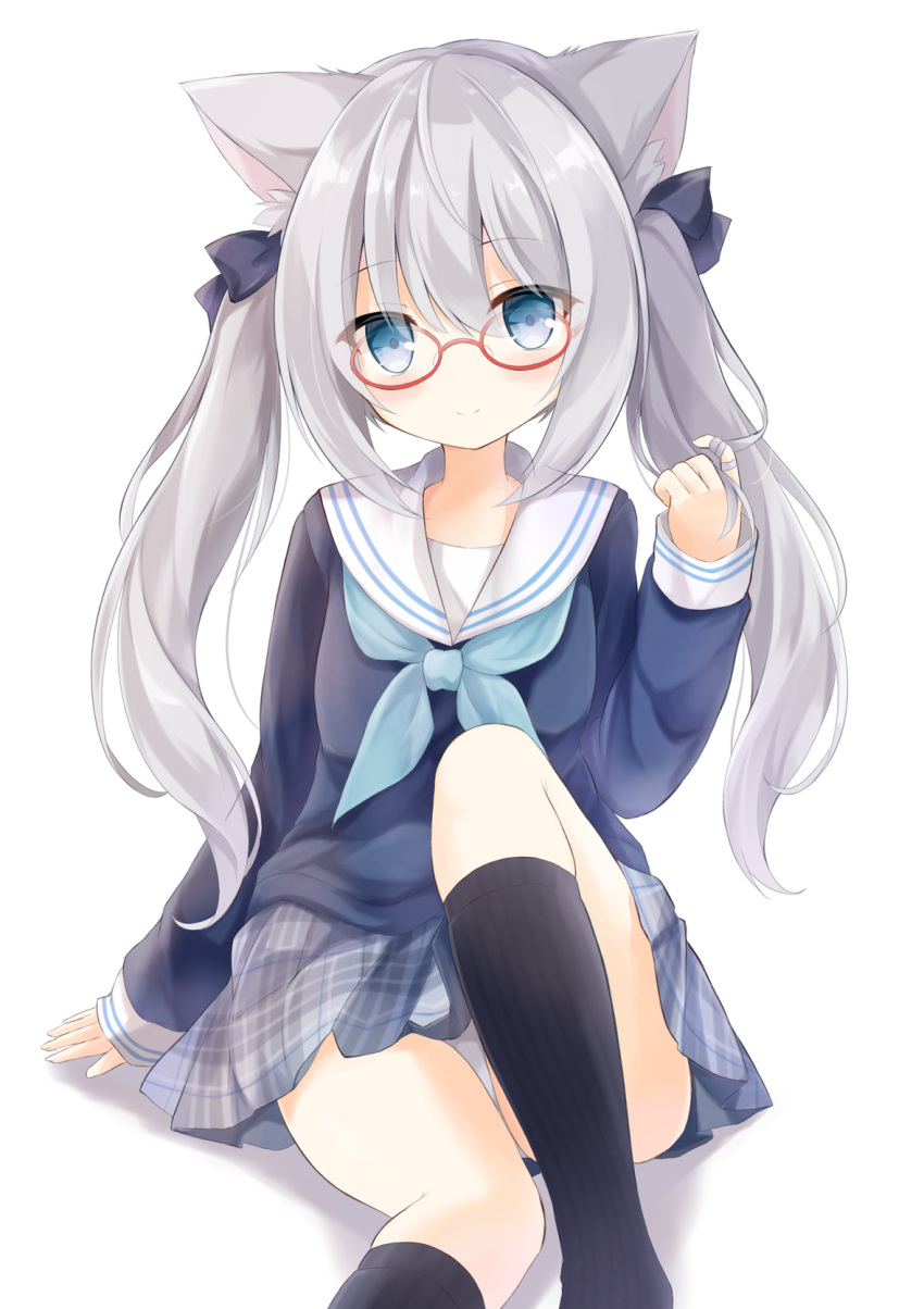 1girl animal_ear_fluff animal_ears bangs black_legwear blue_eyes blue_shirt blush cat_ears closed_mouth commentary eyebrows_visible_through_hair feet_out_of_frame glasses grey_hair grey_skirt hair_between_eyes highres kata_rosu long_hair original panties pleated_skirt red-framed_eyewear ribbed_legwear sailor_collar school_uniform semi-rimless_eyewear serafuku shadow shirt sitting skirt smile socks solo twintails under-rim_eyewear underwear very_long_hair white_background white_panties white_sailor_collar