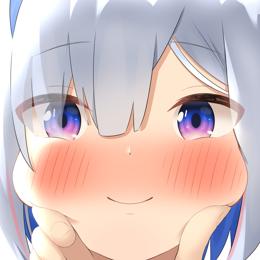 1girl absurdres amane_kanata blue_hair blush cheek_squash colored_inner_hair eyebrows_visible_through_hair eyes_visible_through_hair face hair_over_one_eye highres hololive looking_at_viewer multicolored_hair pemoyashi_(tianoblue) pov pov_hands silver_hair smile solo two-tone_hair violet_eyes virtual_youtuber