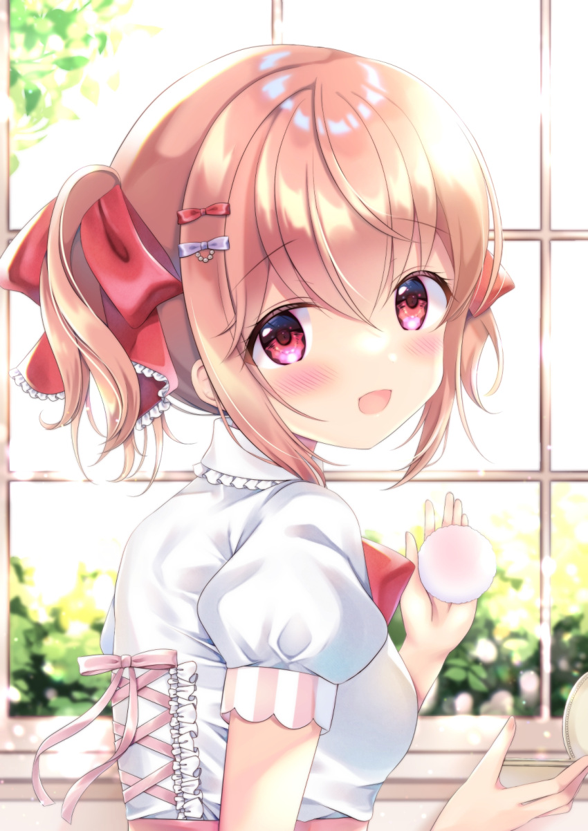 1girl bangs blush bow bowtie breasts collar compact_(cosmetics) criss-cross_back-straps frilled_collar frills hair_bow hair_ornament hair_ribbon hairclip high-waist_skirt highres holding_compact indoors light_brown_hair looking_at_viewer looking_to_the_side miwa_uni open_mouth original ponytail powder_puff puffy_short_sleeves puffy_sleeves red_eyes red_neckwear ribbon shirt short_sleeves sidelocks skirt small_breasts solo sunlight upper_body white_shirt window