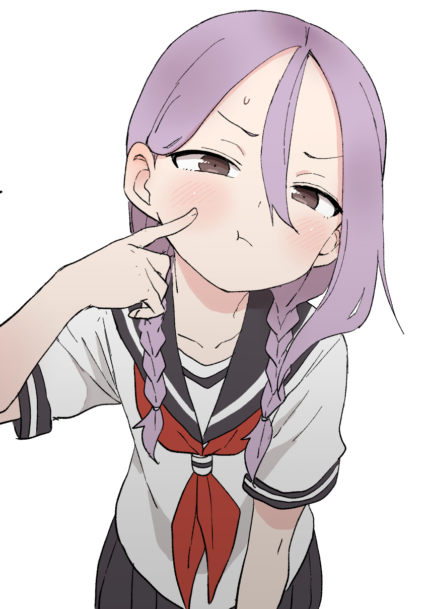 1girl :t bangs black_sailor_collar black_skirt blush braid brown_eyes closed_mouth commentary_request finger_to_cheek hair_between_eyes hair_over_shoulder highres long_hair looking_at_viewer low_twintails neckerchief parted_bangs pleated_skirt purple_hair red_neckwear sailor_collar shirt short_sleeves simple_background skirt solo soredemo_ayumu_wa_yosetekuru sweat twin_braids twintails white_background white_shirt yamamoto_souichirou yaotome_urushi