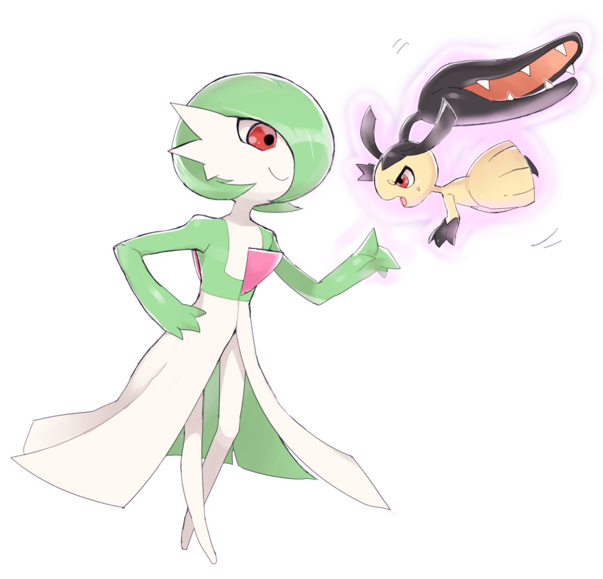 2girls angry arms_up bangs black_hair black_skin blunt_bangs bob_cut closed_mouth colored_skin commentary_request enden_(pixiv_57969220) extra_mouth eye_contact flat_chest floating from_side full_body gardevoir green_hair green_skin hair_over_one_eye hand_on_hip hand_up happy highres index_finger_raised long_hair looking_at_another mawile multicolored multicolored_skin multiple_girls open_mouth pokemon pokemon_(creature) purple_outline sharp_teeth shiny shiny_hair short_hair simple_background smile standing sweat teeth telekinesis two-tone_skin very_long_hair white_background white_skin yellow_skin