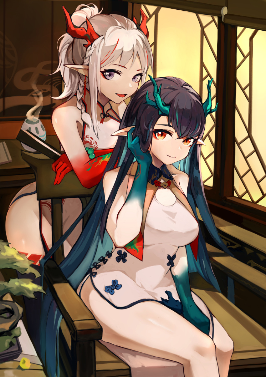 2girls arknights arm_tattoo bead_bracelet beads black_hair bracelet braid chair china_dress chinese_clothes clearhand colored_inner_hair colored_skin commentary dragon_horns dress dusk_(arknights) ear_piercing feet_out_of_frame folding_fan green_hair green_skin hand_fan hand_in_hair highres holding holding_fan horns indoors jewelry leg_tattoo long_hair looking_at_viewer multicolored_hair multiple_girls nian_(arknights) nian_(unfettered_freedom)_(arknights) no_neckwear official_alternate_costume piercing pointy_ears red_eyes red_skin redhead siblings sidelocks sisters sitting sled sleeveless sleeveless_dress smile streaked_hair tattoo thighs very_long_hair violet_eyes white_dress white_hair window
