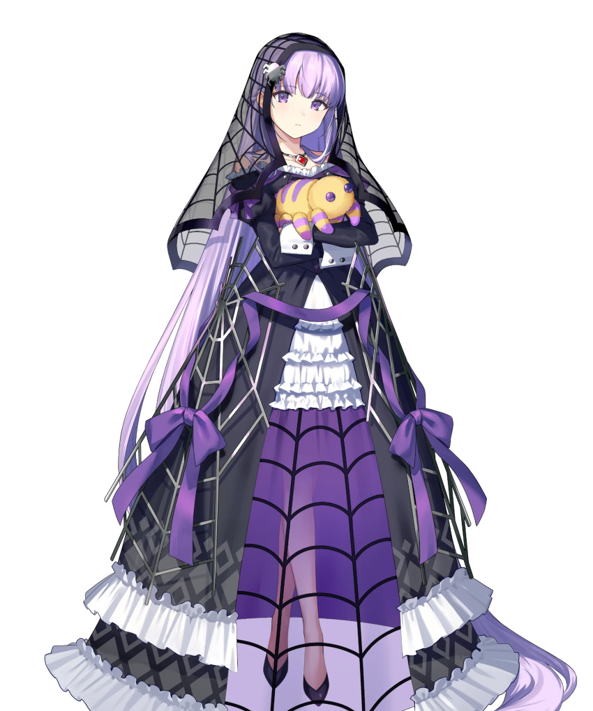 1girl bangs black_footwear closed_mouth dress expressionless eyebrows_visible_through_hair fire_emblem fire_emblem:_the_binding_blade fire_emblem_heroes frilled_dress frills full_body highres holding jewelry long_dress long_hair long_sleeves looking_at_viewer necklace official_art puffy_sleeves purple_hair see-through shiny shiny_hair solo sophia_(fire_emblem) standing stuffed_toy transparent_background urata_asao veil violet_eyes wrist_cuffs