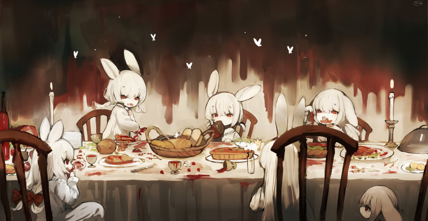 6+girls animal_ears bangs basket blood blood_on_face bottle bow bread brown_background bug butterfly cake chair commentary_request cup dress eating eyebrows_visible_through_hair food hair_bow highres long_hair long_sleeves looking_at_another meat multiple_girls original pale_skin plate rabbit_ears rabbit_girl red_bow red_eyes shirokujira short_hair sitting spoon table teeth upper_teeth white_dress