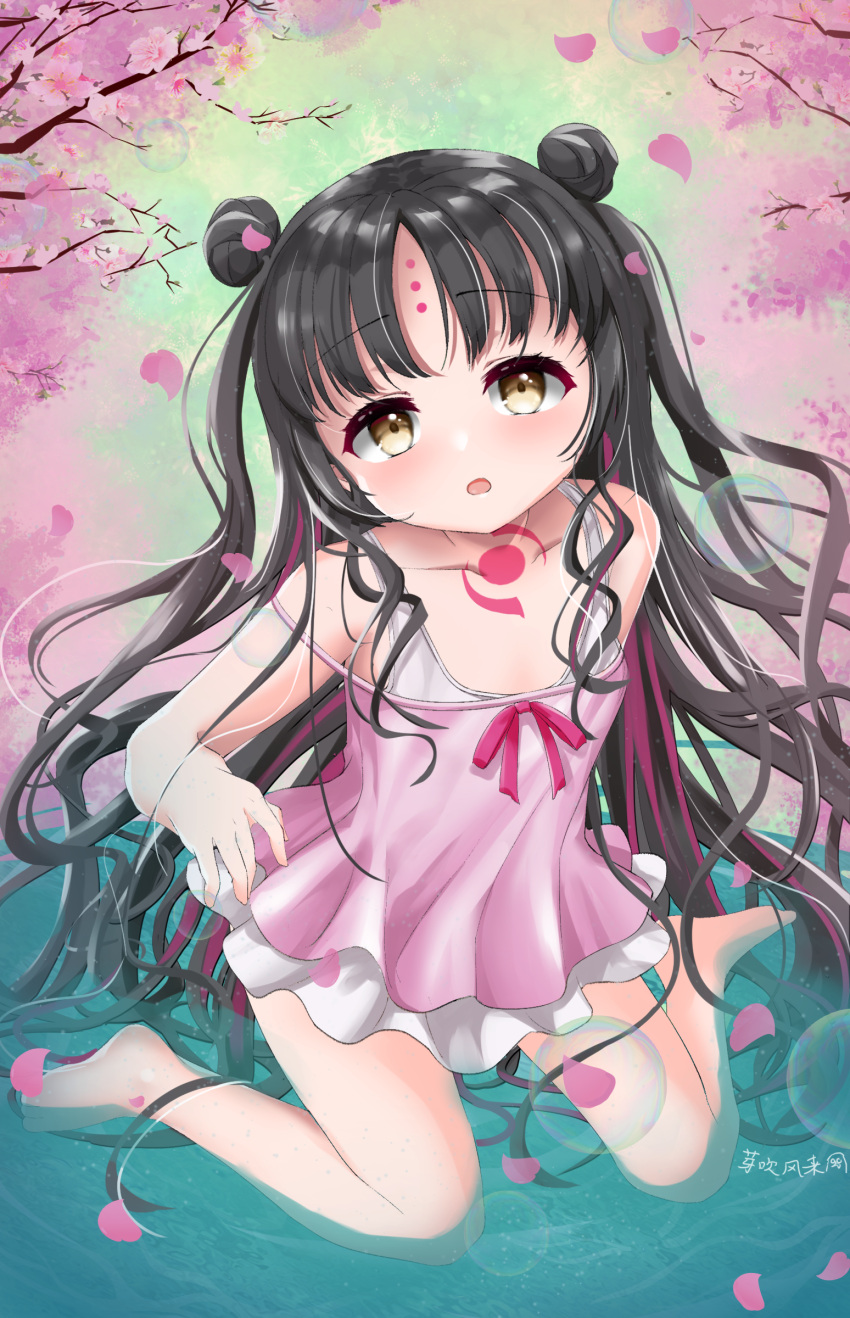 1girl absurdres barefoot black_hair brown_eyes camisole cherry_blossoms double_bun facial_mark fate/grand_order fate_(series) forehead_mark hair_bun highres kneeling long_hair looking_at_viewer one-piece_swimsuit open_mouth outdoors petals pink_camisole pixiv12660671 sesshouin_kiara sesshouin_kiara_(lily) solo swimsuit thighs tree very_long_hair water white_swimsuit