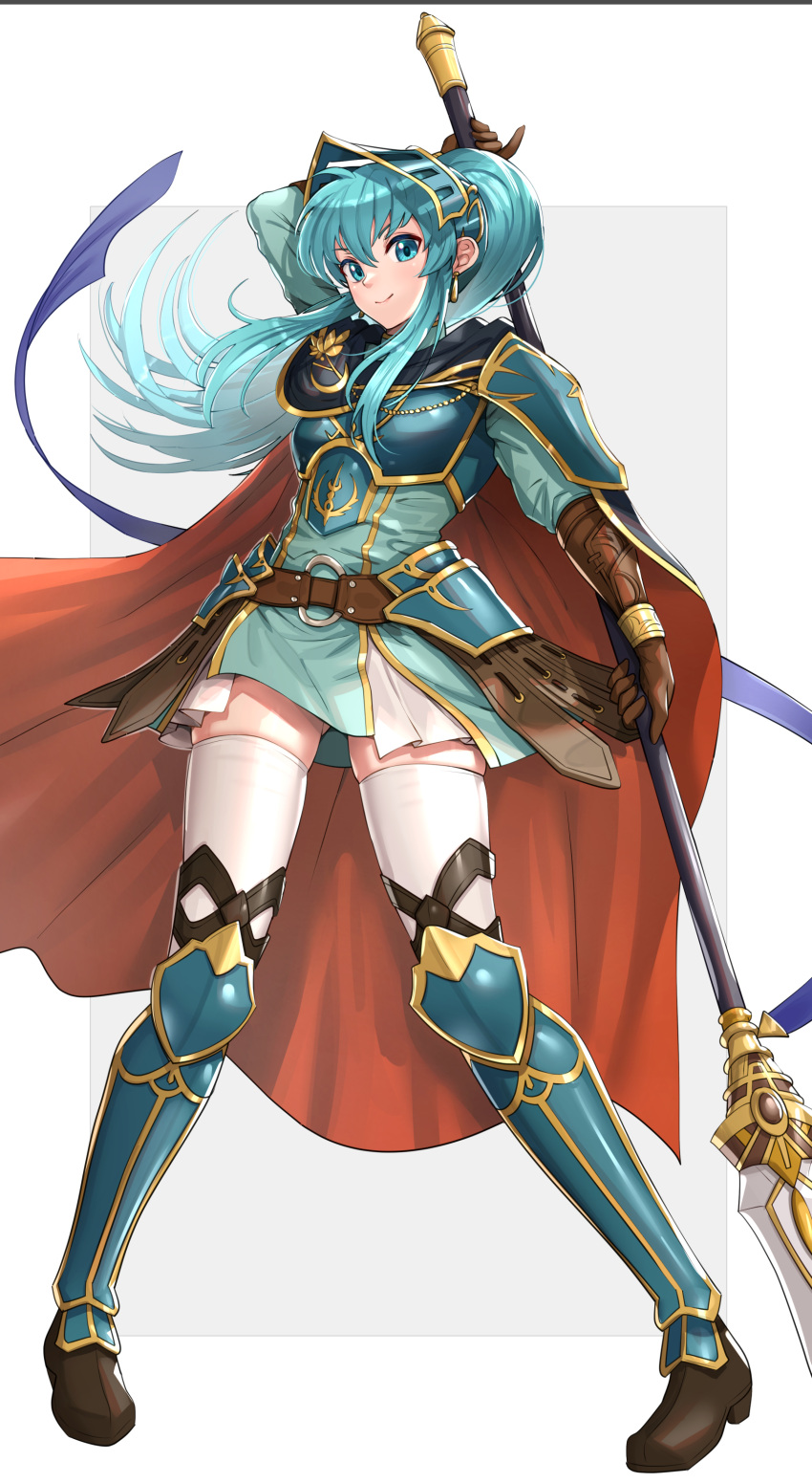 1girl absurdres alternate_costume alternate_hairstyle aqua_dress aqua_eyes aqua_hair arm_up armor armored_boots armored_dress bangs belt boots breastplate brown_belt brown_gloves cape closed_mouth commentary_request cosplay dress earrings eirika_(fire_emblem) ephraim_(fire_emblem) ephraim_(fire_emblem)_(cosplay) fire_emblem fire_emblem:_the_sacred_stones fire_emblem_heroes floating_hair full_body gloves gonzarez hair_between_eyes hair_ornament highres holding holding_polearm holding_weapon jewelry long_hair long_sleeves looking_at_viewer official_alternate_costume polearm ponytail red_cape shiny shiny_hair short_dress shoulder_armor sidelocks smile solo spear thigh-highs thighs weapon weapon_behind_back white_legwear zettai_ryouiki