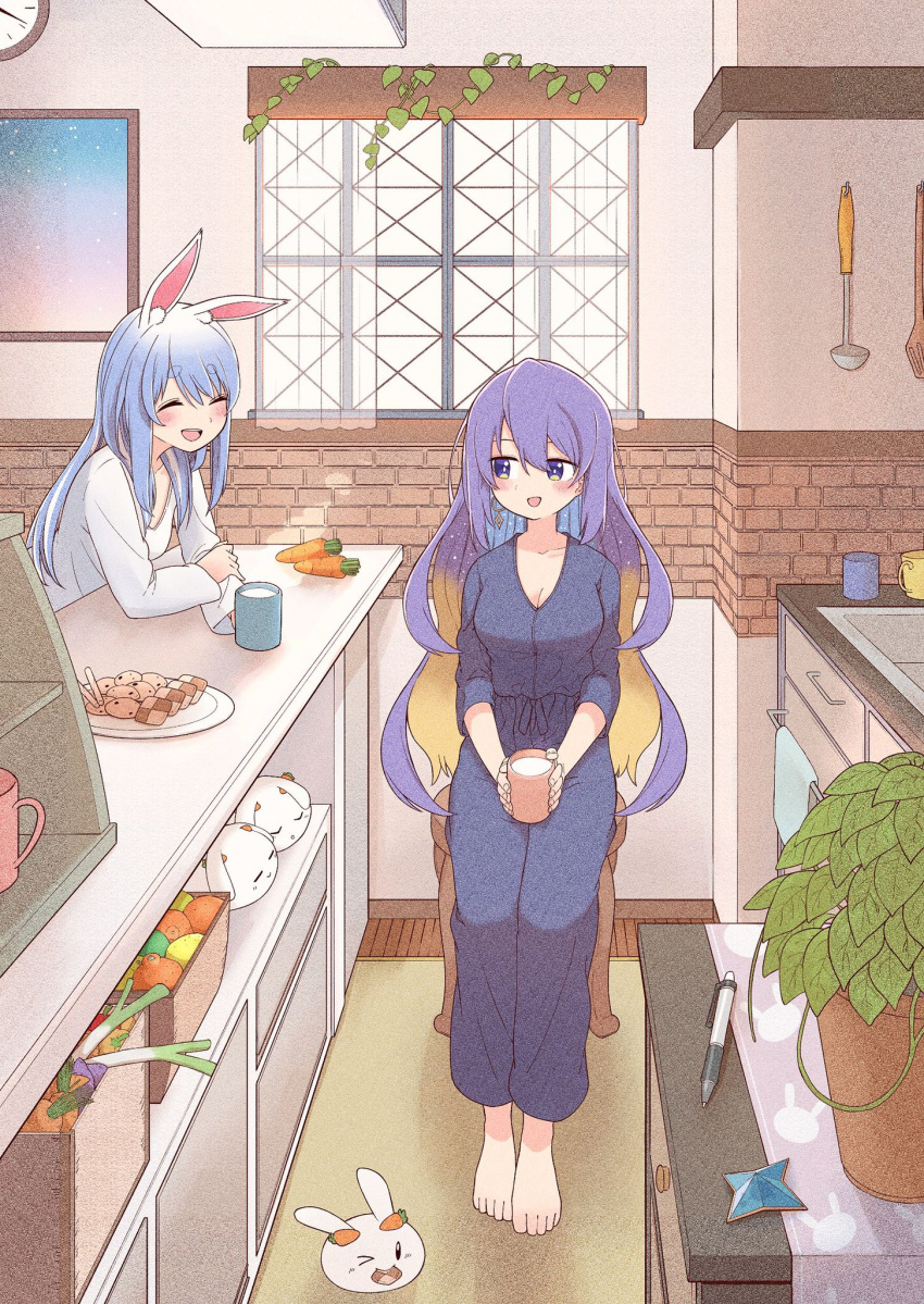 2girls alternate_costume analog_clock animal_ears apple bell_pepper blonde_hair blue_hair carrot casual checkerboard_cookie chocolate_chip_cookie clock closed_eyes commentary_request cookie cup curtains earrings food fruit highres holding holding_cup hololive jewelry ladle lemon lime_(fruit) long_hair long_sleeves moona_hoshinova mug multicolored_hair multiple_girls nousagi_(usada_pekora) orange_(fruit) painting_(object) pajamas pen pepper plant planter purple_hair purple_pajamas rabbit_ears rabbit_girl shirt sidelocks spatula spring_onion star_(symbol) steam towel two-tone_hair usada_pekora very_long_hair vines violet_eyes virtual_youtuber wafer_stick white_shirt window yurai0739