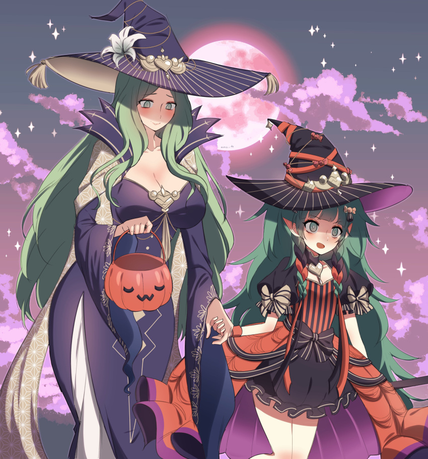 2girls absurdres basket black_dress black_hair black_headwear braid breasts clouds dress eine_(eine_dx) embarrassed english_commentary fire_emblem fire_emblem:_three_houses fire_emblem_heroes full_moon green_eyes green_hair halloween_costume hat highres holding holding_basket holding_hands large_breasts long_hair moon mother_and_daughter multicolored_hair multiple_girls official_art orange_hair puffy_short_sleeves puffy_sleeves purple_dress purple_headwear rhea_(fire_emblem) short_sleeves sothis_(fire_emblem) striped twin_braids twintails very_long_hair witch_hat wrist_cuffs
