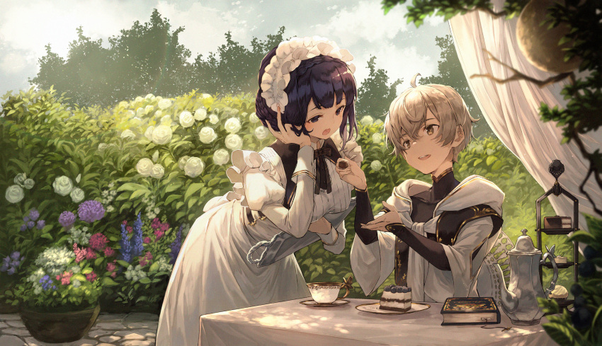 1boy 1girl ahoge bangs black_bow black_neckwear black_shirt blueberry blush book bow bowtie braid breasts brown_eyes cake clouds cloudy_sky collarbone commentary cowboy_shot crossed_bangs cup dappled_sunlight day dress feeding flower food fork frills fruit gold_trim grey_hair hair_between_eyes hand_in_hair hand_up highres holding holding_fork holding_tray jug leaning_forward long_sleeves looking_at_another maid maid_headdress medium_breasts mito_itsuki open_mouth original outdoors plant potted_plant purple_hair saucer shirt short_hair sitting sky standing sunlight table teacup tray tree upper_body violet_eyes white_dress white_robe