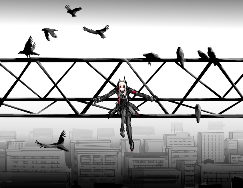 1girl absurdres bird black_footwear black_jacket building city cityscape commentary crane_(machine) crow english_commentary flock girls_frontline greyscale grin highres horns inktober jacket long_hair looking_at_viewer m4_sopmod_ii_(girls'_frontline) monochrome multicolored_hair polzinad2k raven_(animal) red_eyes sitting smile solo spot_color streaked_hair