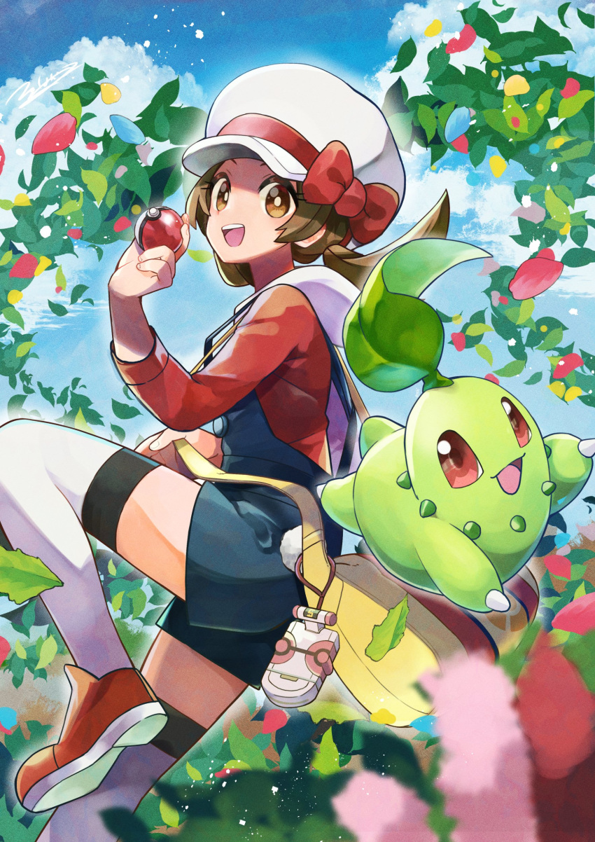 1girl :d absurdres bow brown_eyes brown_hair cabbie_hat chikorita clouds commentary_request day hand_up hat hat_bow highres holding holding_poke_ball leaf leaves_in_wind leg_up long_hair lyra_(pokemon) open_mouth outdoors poke_ball poke_ball_(basic) pokegear pokemon pokemon_(creature) pokemon_(game) pokemon_hgss rainys_bill red_bow red_footwear red_shirt shirt shoes sky smile teeth thigh-highs tongue twintails upper_teeth white_headwear white_legwear yellow_bag