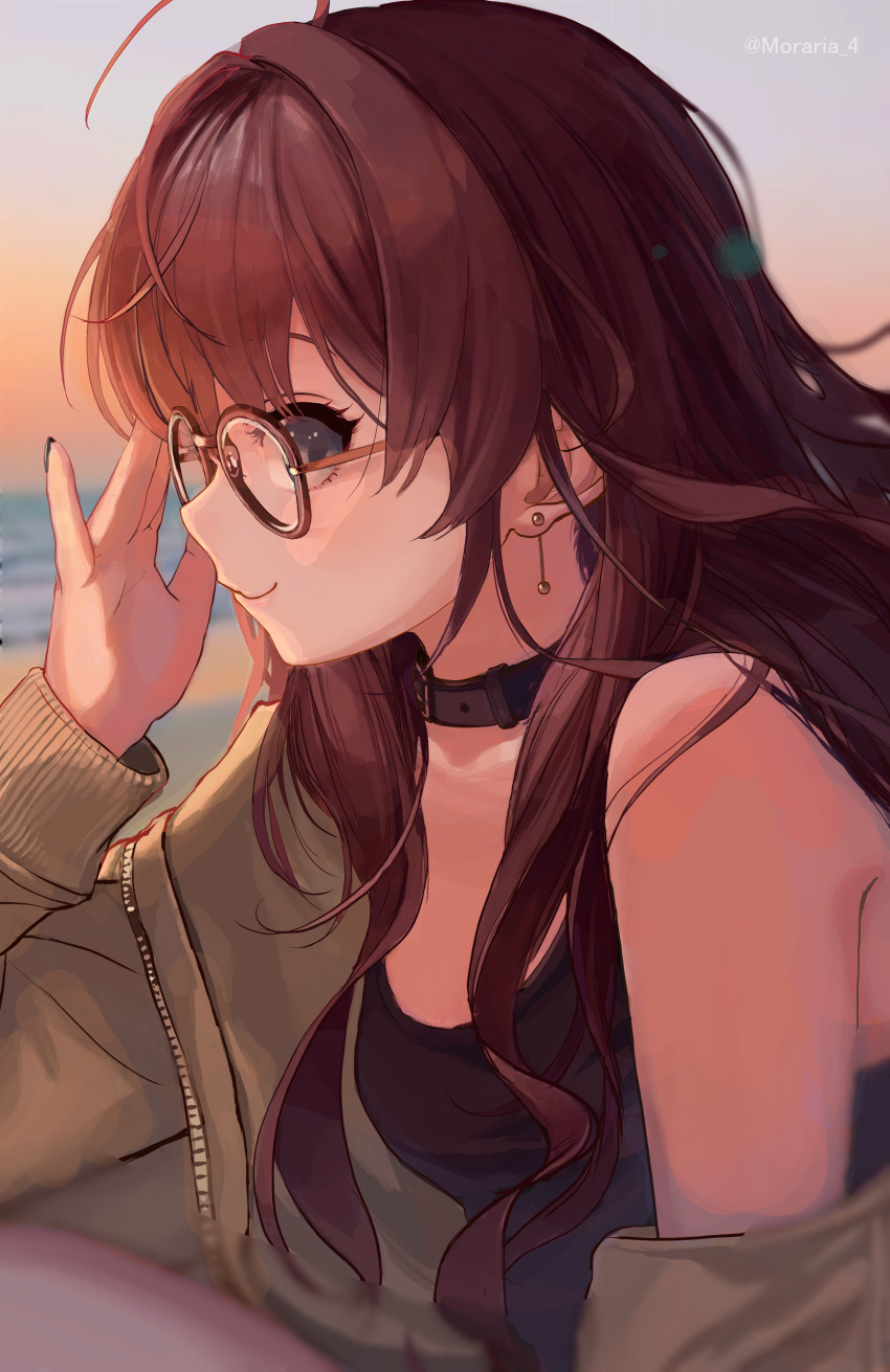 1girl absurdres adjusting_eyewear ahoge bangs belt_collar bespectacled black_collar black_tank_top blue_eyes blurry brown_hair collar commentary_request depth_of_field earrings glasses highres ichinose_shiki idolmaster idolmaster_cinderella_girls jacket jacket_partially_removed jewelry kiichirou lips long_hair looking_at_viewer looking_to_the_side nail_polish profile shirt sleeveless sleeveless_shirt smile solo sunset tank_top upper_body