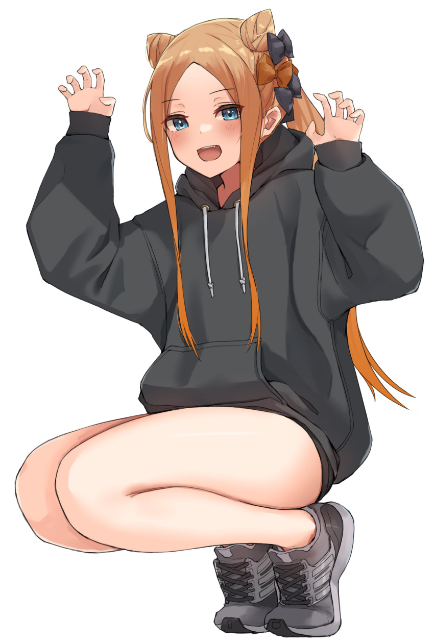 1girl :d abigail_williams_(fate) absurdres arm_up bangs black_bow black_hoodie blue_eyes blush bow brown_bow brown_hair claw_pose drawstring eyebrows_visible_through_hair fate/grand_order fate_(series) forehead full_body grey_footwear hair_bow hair_cones hand_up highres hood hood_down hoodie kopaka_(karda_nui) long_hair long_sleeves open_mouth parted_bangs puffy_long_sleeves puffy_sleeves shoes simple_background sleeves_past_wrists smile solo squatting very_long_hair white_background