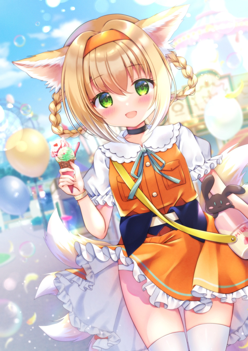 1girl alternate_costume amusement_park animal_ears arknights balloon bangs blonde_hair blue_sky blurry blurry_background blush bottle bow bowtie braid breast_pocket casual choker clouds dress eyebrows_visible_through_hair feet_out_of_frame food fox_ears fox_girl fox_tail green_eyes hairband highres holding holding_food ice_cream kitsune looking_at_viewer miwa_uni multiple_tails open_mouth orange_dress orange_hairband outdoors panties panty_peek pinafore_dress pocket puffy_short_sleeves puffy_sleeves rabbit shirt short_sleeves sky solo suzuran_(arknights) tail thigh-highs twin_braids underwear white_legwear white_shirt wind wind_lift