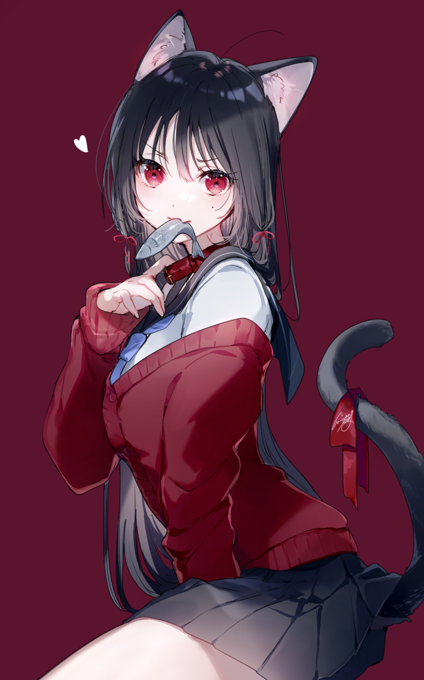 1girl animal_ear_fluff animal_ears black_hair black_sailor_collar black_skirt blush cardigan cat_day cat_ears cat_girl cat_tail collar commentary_request fang fish from_side hair_ribbon heart highres long_hair long_sleeves looking_at_viewer looking_to_the_side miniskirt miwano_ragu mole mole_under_eye mouth_hold off_shoulder original pleated_skirt purple_background purple_cardigan red_eyes red_ribbon ribbon sailor_collar school_uniform serafuku shirt signature simple_background sitting skin_fang skirt sleeves_past_wrists solo straight_hair tail tail_ornament tail_ribbon v-shaped_eyebrows very_long_hair white_shirt