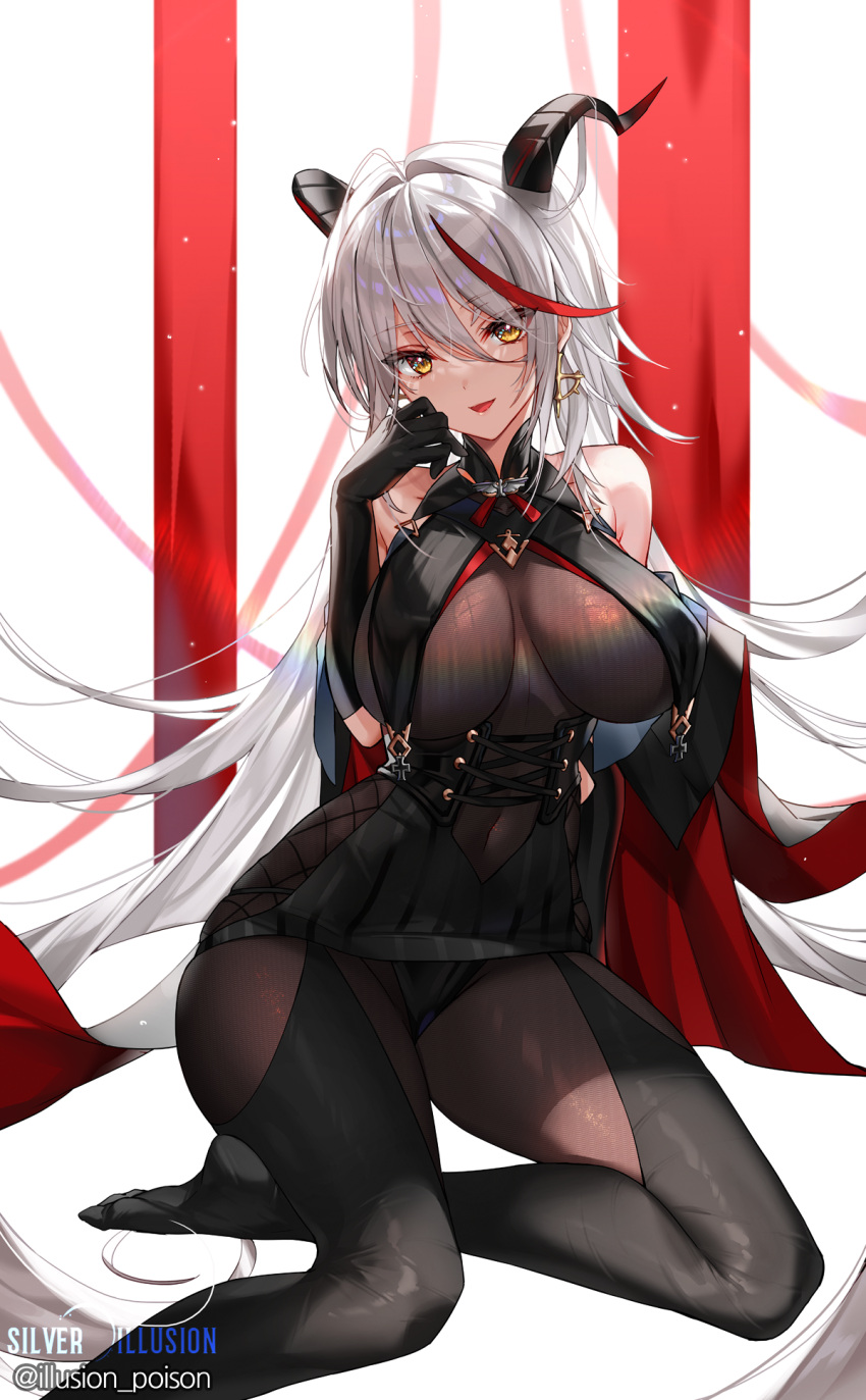 1girl :d aegir_(azur_lane) azur_lane bangs bare_shoulders black_gloves black_legwear black_skirt bodystocking breast_curtains breasts corset covered_navel earrings elbow_gloves eyebrows_visible_through_hair gloves hair_between_eyes hand_on_own_face high-waist_skirt highres horns hwansang_jungdog impossible_clothes iron_cross jewelry large_breasts long_hair looking_at_viewer miniskirt multicolored_hair no_shoes open_mouth redhead silver_hair single_earring sitting skirt smile solo streaked_hair thigh-highs twitter_username two-tone_hair upskirt very_long_hair yellow_eyes yokozuwari